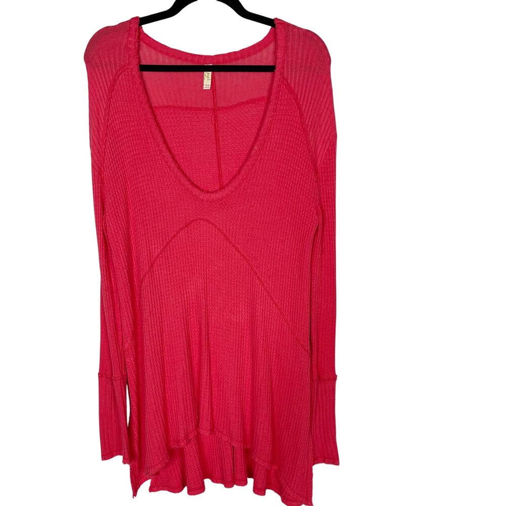 Free People Small S Red Pink Sunset Park Drippy Thermal Waffle Knit Tunic Top